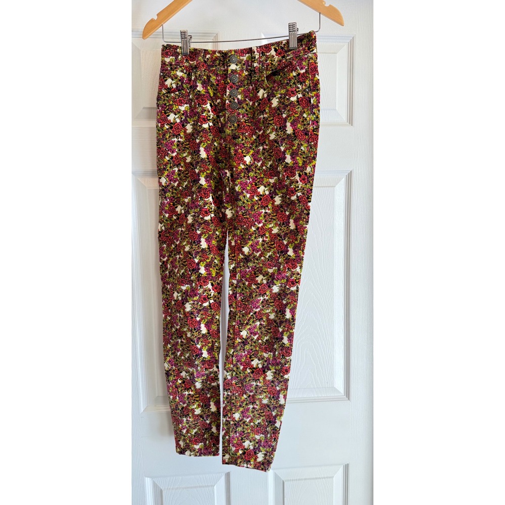 We The Free Corduroy Pants Womens 24 Multicolor Floral High Rise Button Fly Slim